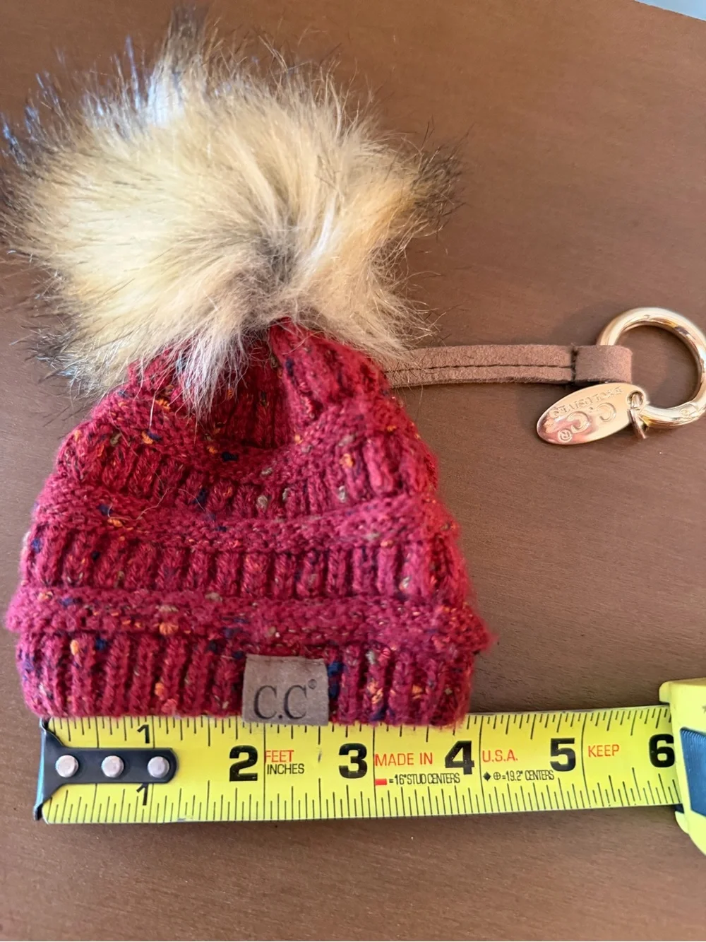 C.C Red Knit Pom Keychain with Faux Fur Pom